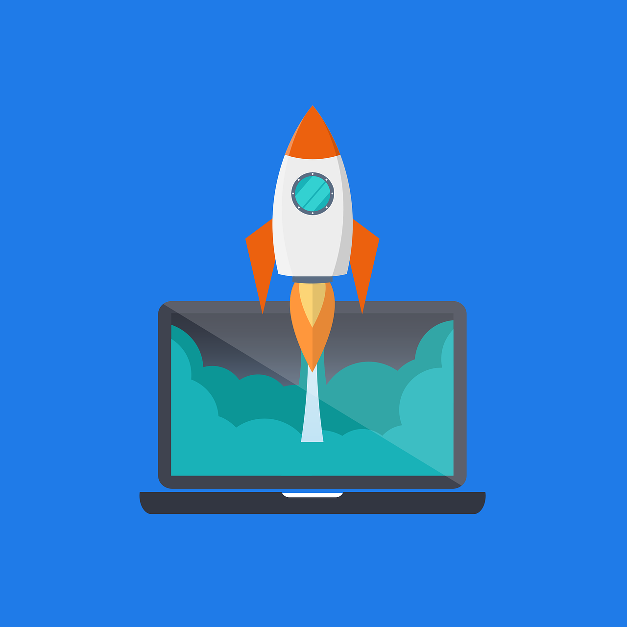 A laptop with a rocket on top, symbolizing a crypto launch and innovation in technology and finance.